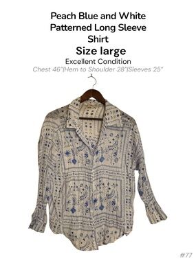 Peach Blue Patterned Button Down Long Sleeve Shirt Size Large